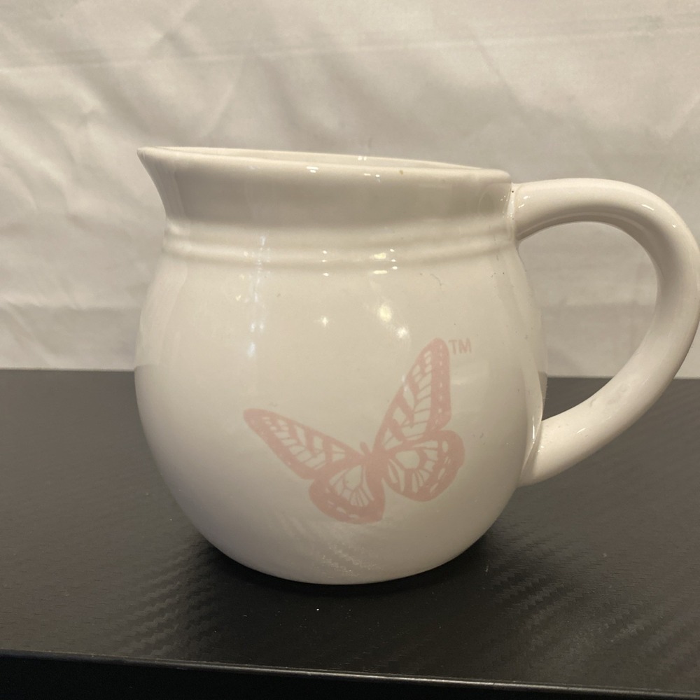 Limited‎ Edition Pink Butterfly Ceramic Creamer Pitcher White Glossy Mini Jug